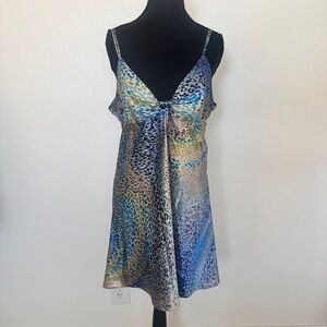 Vintage 90s Oscar de la Renta Pink Label Leopard Slip Dress Blue Ombre Size L